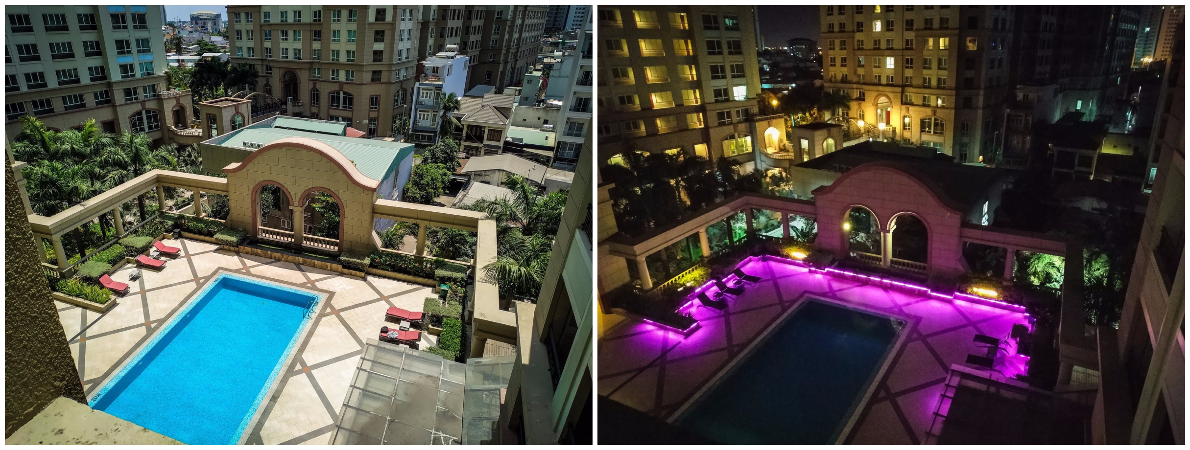 bazén v hotelu v Ho Či Minově městě ve dne a v noci